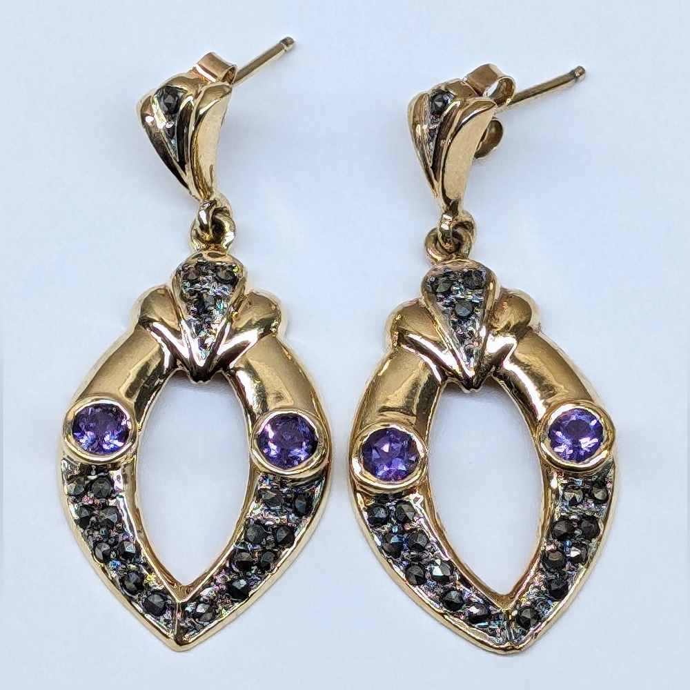 1.60" Sterling Silver Yellow Gold Vermeil Amethyst Marcasite Earrings